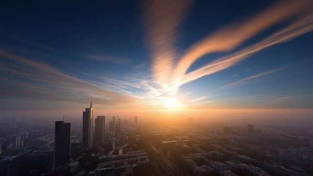Sunrise over the city skyline with high-rise buildings and vibrant colors illuminating the morning sky