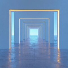 A serene perspective of multiple doorways leading to a tranquil ocean view, evoking a sense of peace and infinity.