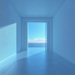 Obraz premium A serene blue room with a view of the sea, featuring minimalist design and bright natural light emphasizing tranquility and openness.