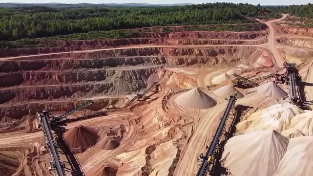 Aerial Drone View of Expansive Strip Mine &ndash; Colorful Geological Layers & Industrial Conveyor Belts Cutting Through Forest