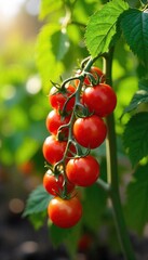 A vibrant, healthy tomato plant laden with ripe red tomatoes and lush green leaves, growing in a garden bed  The sun shines brightly on the abundant fruit ,  vibrant,  plant