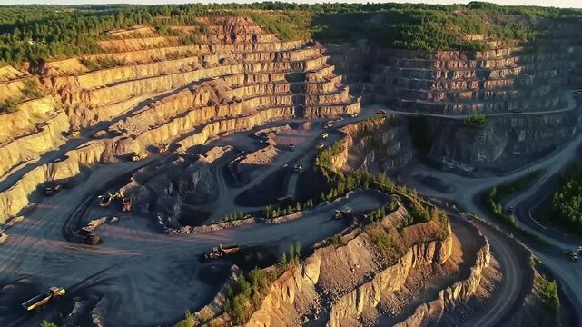 Aerial Drone View of Stepped Mineral Quarry at Sunrise &ndash; Dramatic Shadows Across Razor Ridges with Distant Toy-Like Trucks