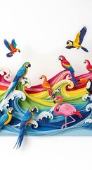 Colorful parrots flamingos toucan art paper quilling waves vibrant tropical birds illustration design decor 3d art