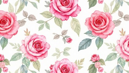 Delicate watercolor roses, swirling leaves, seamless repeat, leaves, fabric