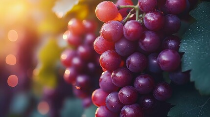 Fresh, juicy red grapes glistening with dew, captured in a vineyard at sunset, evoking feelings of harvest and nature's beauty.