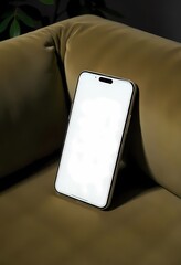 Mobile phone resting on the couch with a modern design and clear screen