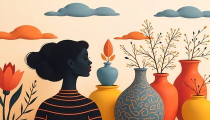 Silhouette of a woman in a floral dress holding a wine bottle and glass, with a vintage party vibe, surrounded by nature and summer elements, in a stylish and artistic vector illustration