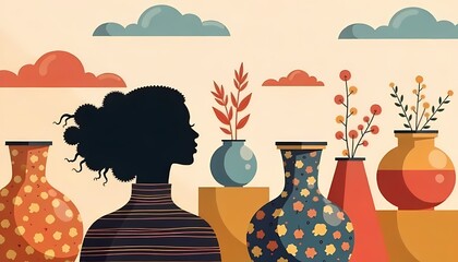 Silhouette of a woman in a floral dress holding a wine bottle and glass, with a vintage party vibe, surrounded by nature and summer elements, in a stylish and artistic vector illustration