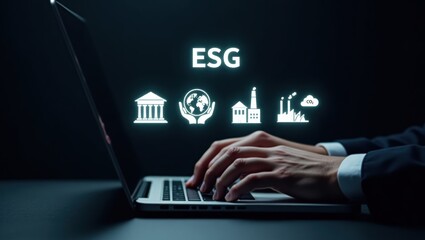 Hands typing on a laptop with esg icons overlayed.