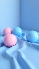 Pink and blue pills with heart shapes on a blue background, representing love, health, and care in medicine