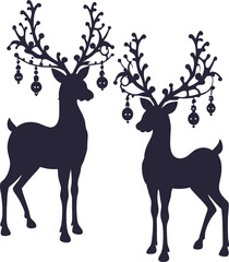 Two Elegant Reindeer Silhouettes with Ornate Antlers and Ornaments