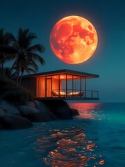 Beautiful tropical sunset over the ocean with a peaceful beach, palm trees, and clear skies