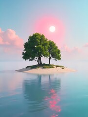 Beautiful night landscape with a moonlit sky, tree, and calm water reflecting the stars and clouds