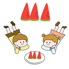 children watching watermelons in summer