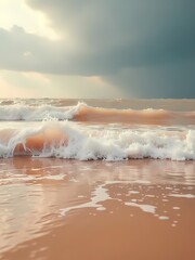 Sunset view over the ocean waves at the beach during a calm summer evening