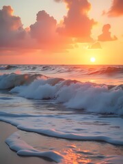Sunset view over the ocean waves at the beach during a calm summer evening