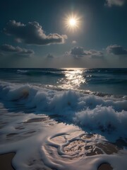 Sunset view over the ocean waves at the beach during a calm summer evening