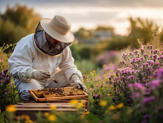 Farmer Beekeeper Inspecting Honeycomb Frame of a Bee Hives in a Blooming Field of Flowers During Sunny Day