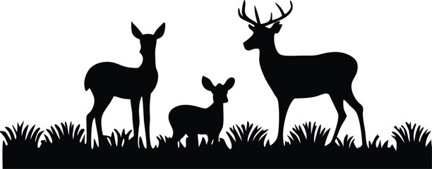 Silhouette of Deer Family in Grassland