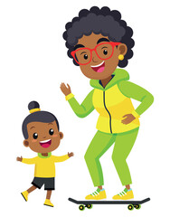 Happy grandmother skateboarding with child