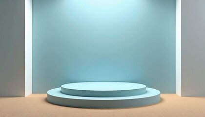 Pastel Blue Minimalist Podium: A serene and minimalist scene features a two-tiered, pastel blue cylindrical podium set against a light blue wall, perfect for showcasing products or branding.