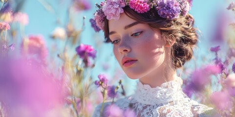 Naklejka premium Elegant Bride in White Lace Dress and Floral Crown in Sunny Field