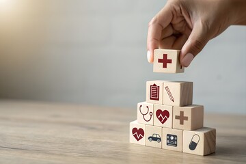 A hand places a wooden block on top of a stack of other blocks, each showing a different health related icon.