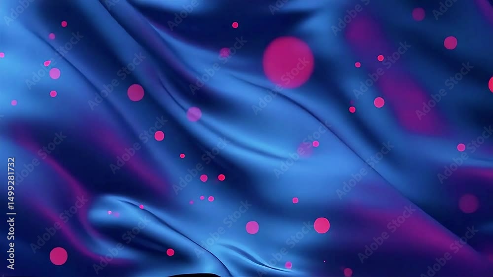 Poster flowing blue fabric with floating pink orbs: abstract motion graphics video