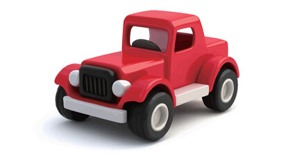 A high-angle, close-up studio shot of a red plastic toy car against a pure white background. The car is a simplified representation of a classic vintage style, featuring a two-tone design.