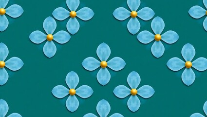 Seamless pattern, vibrant turquoise blue paper flowers, 3D effect.