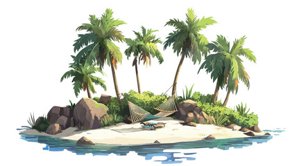A digital illustration depicting a small tropical island. The image features several stylized palm trees with vibrant green foliage, set against a backdrop of light blue water. The island itself