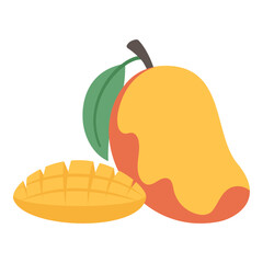 Mango with whole and sliced ​​fruits. Colorful tropical fruit design isolated on white background for summer and healthy food concepts