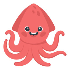 Flat vector illustration of smiling red squid with cute eyes and tentacles