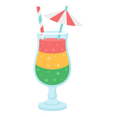 Flat vector illustration of tropical cocktail. Colorful layered drink with straw and umbrella in clear glass, perfect for summer themes, holiday designs and refreshing drink graphics