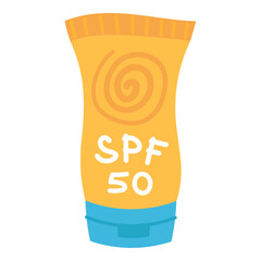 Hand drawn vector sunscreen tube with SPF 50. Summer skincare design for health, beauty, and vacation themes