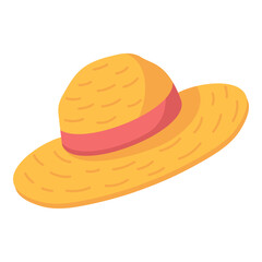 Flat vector illustration of yellow straw hat with pink ribbon. Summer fashion accessory isolated on white background, perfect for vacation design