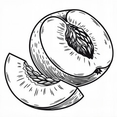 Peach in detailed pencil illustration style in black and white representing organic summer fruit and vintage botanical art