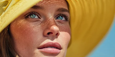 Elegant Woman in Yellow Hat Under Summer Sky Highlighting Serenity and Beauty © Yauheniya