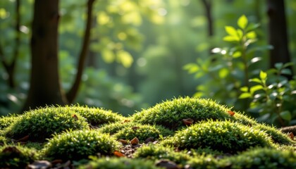 A lush green forest with a lot of moss on the ground
