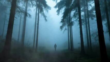 holloween drak male person walking alone in dark blue foggy forest holloween holiday misty morning in the forest - Powered by Adobe