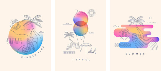 Beach party and summer vacation line art with neon color gradient