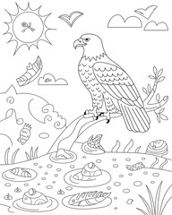 Fototapeta premium Black and white coloring page depicting a majestic bald eagle perched beside a pond with other nature elements for american 4th of july