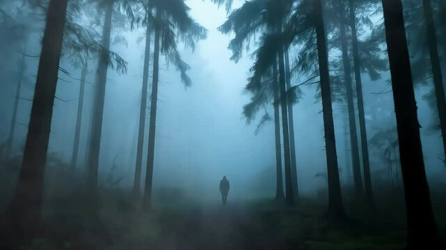  holloween drak male person walking alone in dark blue foggy forest holloween holiday misty morning in the forest