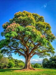 A mature shea tree standing tall with its bark glistening in sunlight