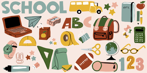 Vector illustration of a school set with the image of school attributes and the inscription school
