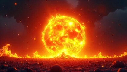 A fiery, blazing fireball erupts, engulfing the scene in intense heat and light  Ideal for illustrating concepts of power, energy, destruction, or fiery passion ,  flare,  bright