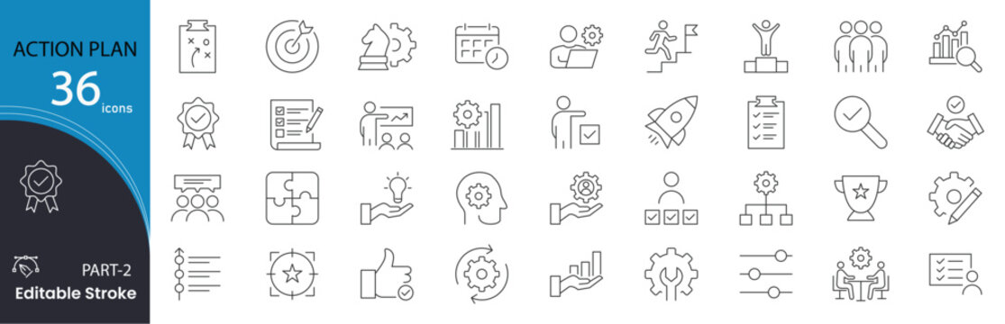 Action plan related icons set. Including steps, strategy, goal, tasks, checklist, timeline, and execution. Editable stroke. outline icons.

