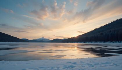 Obraz premium Frozen lake reflecting the winter sky, peaceful landscape