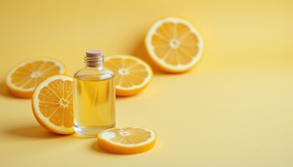A bottle of lemon oil is next to a sliced lemon