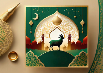 Elegant Islamic Calligraphy Art Featuring Mosque and Crescent Moon